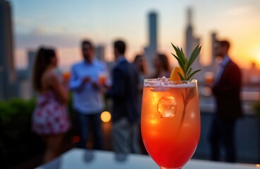 Rooftop cocktail party at golden hour. Professionals network, socialize. City skyline as background. Warm lighting, blurred bokeh. Stylish people enjoy drinks. Vibrant social event. Evening