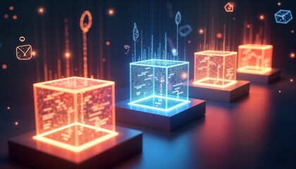 Futuristic holographic product boxes float in mid-air. Virtual packaging designs showcased with augmented reality labels displaying real-time inventory, sustainability information. Boxes glow with