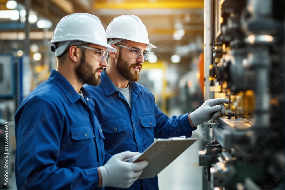 Aufkleber two engineers in blue uniforms examining machinery in an industrial setting under bright lighting.