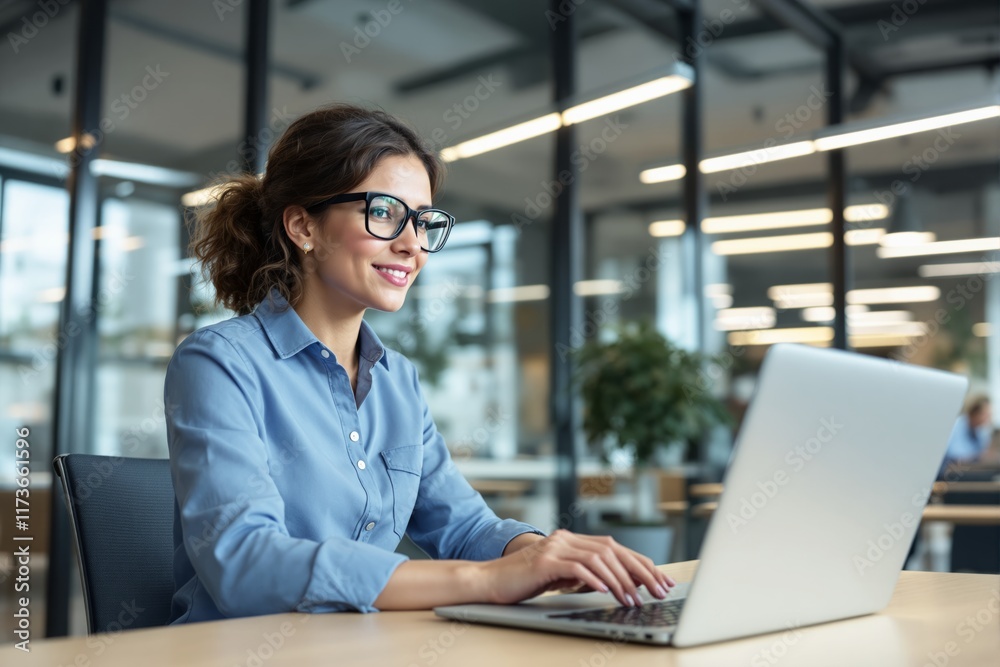 Poster a smiling woman working on a laptop in a modern office space with glass walls and greenery in the ba