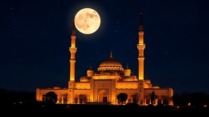 A view of magnificent mosque in the night with moon and stars on the sky