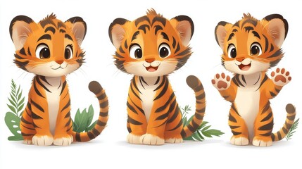 Fototapeta premium set of cute tiger character in different poses on a white background