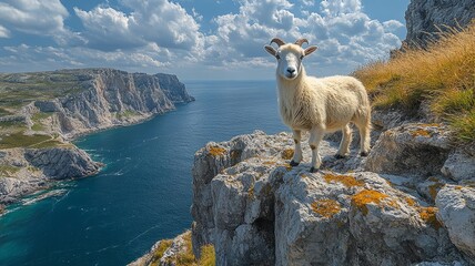Fototapeta premium Solitary Sheep on Cliff Overlooking the Ocean