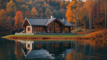 Log cabin by the lake in the woods, water reflections in autumn, private lake house holiday.
