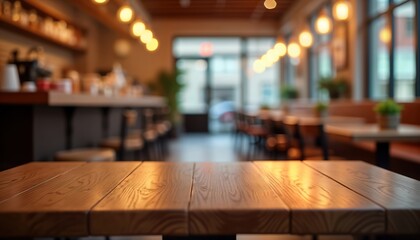 Empty wooden table top in modern cafe interior. Blurred background with tables, chairs. Bright light from lamps shines on wooden surface. Cafe warm color palette. Image perfect for menus, drinks,