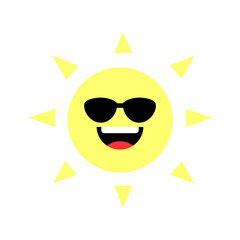 Happy smiling sun with sunglasses cartoon character. Natural, hot, weather, climate, expression concepts. Flat decorative vector design isolated illustration.