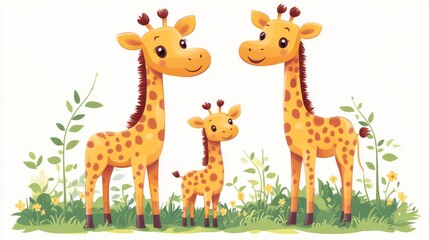 Fototapeta premium cute family of giraffes stands on a green meadow on a white background
