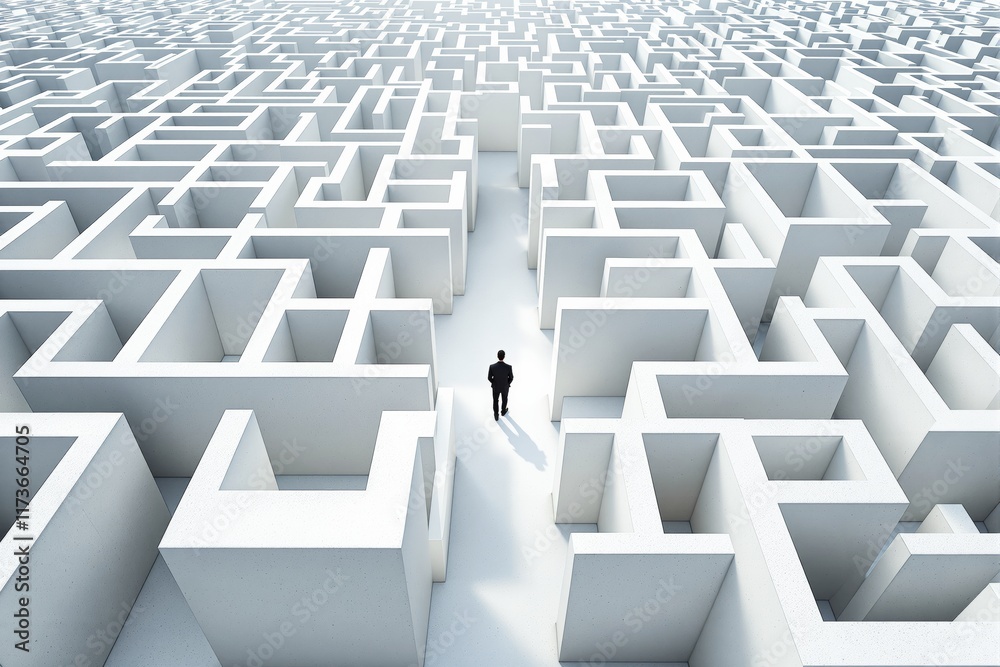 Poster Abstract labyrinth with a lone figure navigating through white walls under soft light.