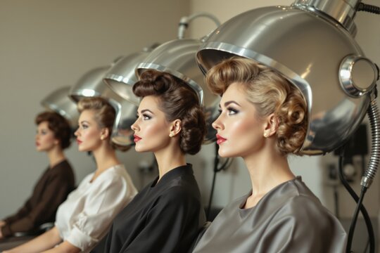 Stylish women in retro hairstyles under salon hair dryers, elegant setting.