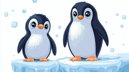 Naklejka premium Penguin and a baby penguin stand on an ice floe on a white background