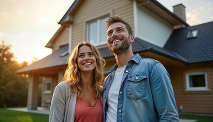 Happy couple stands in front of new house. They look at house with joy. Lifestyle photo of happy family. Homeowner couple happy about new property purchase.