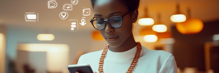 Young african american businesswoman is using a mobile phone with social media icons floating above it in a modern office space