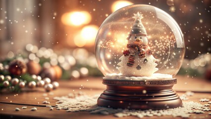 Charming snow globe with snowman decoration, cozy holiday atmosphere with sparkling lights