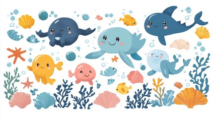 Fototapeta premium Big set with cute sea animals, shells, corals, seaweed. Kawaii sea life character elements. Cartoon illustration