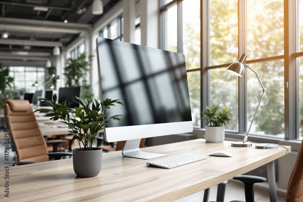Poster modern office workspace with computer and plants on wooden desk.