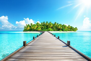 Fototapeta premium Wooden pier leading to a tropical island with clear turquoise water and lush palm trees under a sunny blue sky.