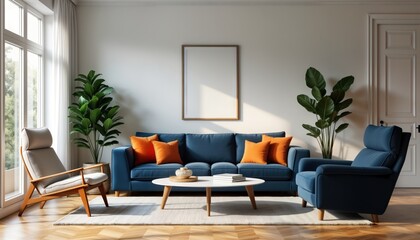 Modern Scandinavian living room with dark blue sofa, recliner chair. Cozy, stylish interior design. Empty room with orange accent pillows. Wooden floor, white walls. Stylish coffee table, potted