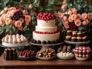 Elegant wedding cake and dessert table with flowers.