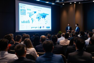 Business presentation with audience viewing global data on a screen in a conference room.