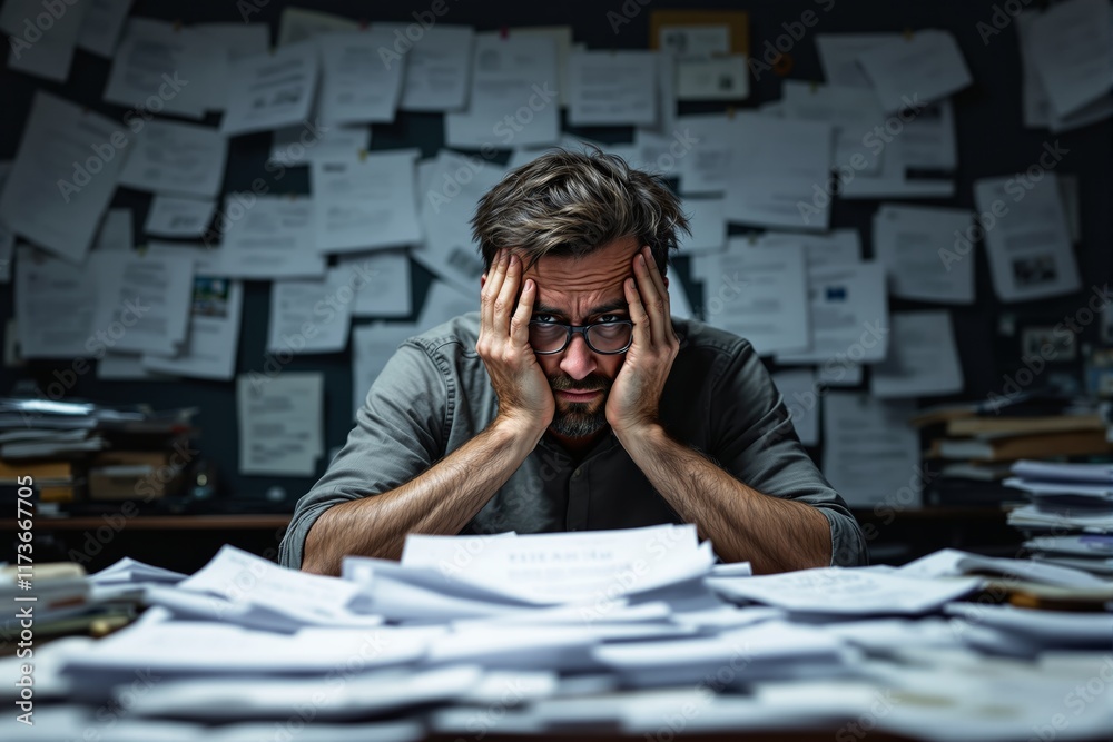 Aufkleber Stressed man overwhelmed by paperwork with documents scattered on desk in dimly lit office.