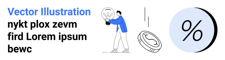 Lightbulb held by person in blue jacket, coin with dollar sign, and percentage symbol. Ideal for business strategy, finance, innovation, savings, marketing, economics, investments. Landing page