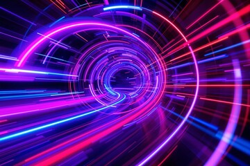 Neon light trails forming a spiral tunnel in vibrant pink, blue, and purple shades.