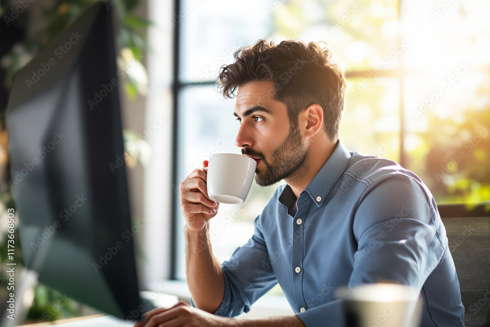 Aufkleber Man drinking coffee while working on a computer in a bright office environment.