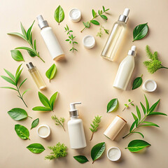 Organic beauty product bottles and leaves arranged in a circle on a beige background.