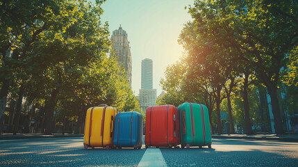 Urban city street with traffic, buildings, and recycling bins along the road under a blue sky