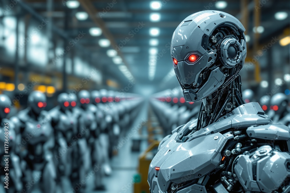 Aufkleber futuristic robots with glowing red eyes in a factory setting.