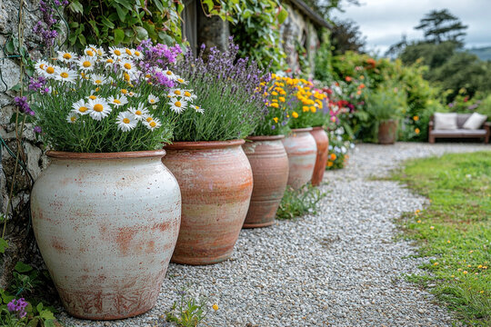 Colorful flowers in terracotta pots by stone wall, garden path, seating area
