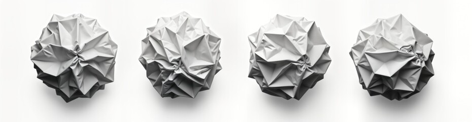 Set of crumpled paper balls. Abstract design. Unique paper forms. Modern art. Creative paper balls. Studio shot against white background. Isolated object. Geometric shapes. Origami style. Unique