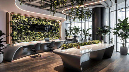 Fototapeta premium Modern Open Office with Green Walls and Hanging Plants