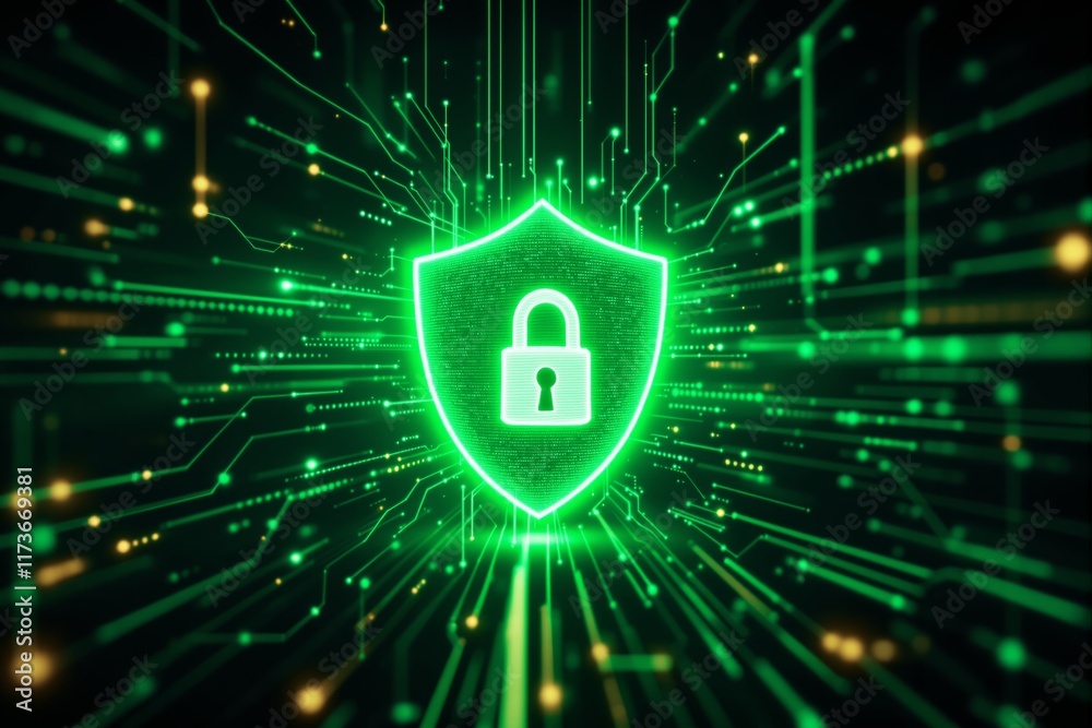 Poster Glowing green padlock shield on a digital network background, representing cybersecurity and data protection concept.