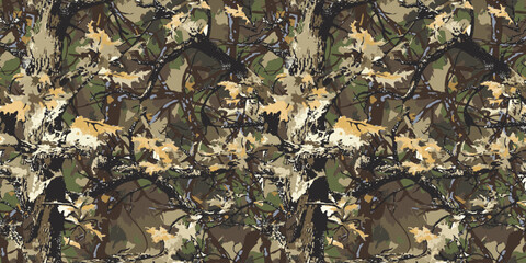 Real tree forest camouflage seamless pattern design pattern for hunting and military uniform. Hunting camouflage background. Vector camouflage texture