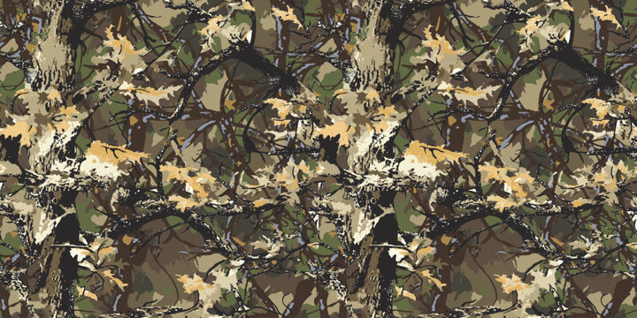 Real tree forest camouflage seamless pattern design pattern for hunting and military uniform. Hunting camouflage background. Vector camouflage texture
