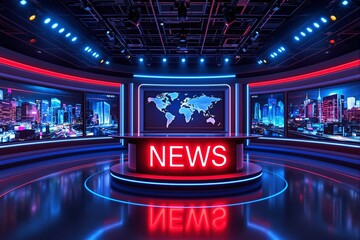 Modern news studio with neon lights and digital world map backdrop.