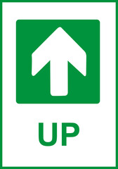Green sign arrow up. Arrow pointing up. Shows the direction movement to the exit or shelter in an emergency. Movement up to the safety zone. Indicates the nearest safe point or exit. Iso 7010.
