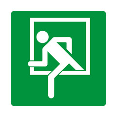 Green sign rescue window. Designation a window intended for evacuation in case emergency. Window that can be opened or broken for quick exit from a room or vehicle. Iso 7010.