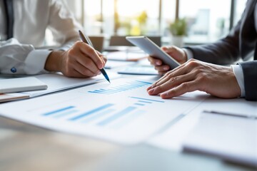 Collaborative business meeting with charts and data analysis on a modern office background.