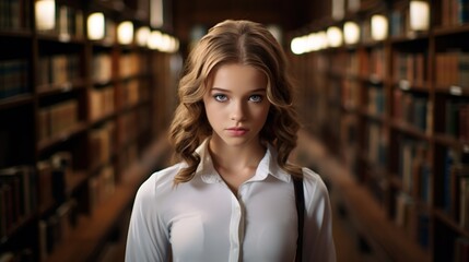 Symbol of education: Realistic high resolution photograph. Girl surrounded by books in library demonstrates her status of 11th grade graduate. Emphasis on knowledge and education