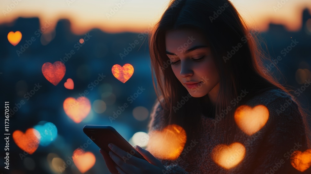 Poster young woman is using her smartphone with heart emojis floating around her. creating a warm and roman