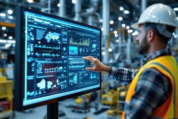 Engineer analyzing data on a digital screen in a modern industrial facility background.