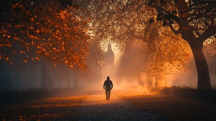 Fototapeta premium Golden Autumn Morning in a Foggy Park