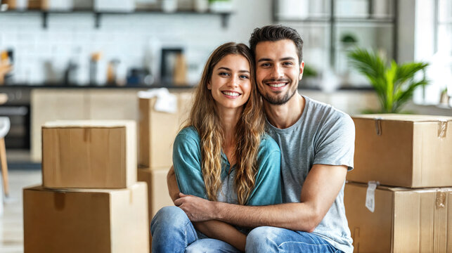 Portrait of happy young couple moving into new house together, smiling woman and man unpacking cardboard boxes in indoor property, family relationship beginning with love and happiness.
