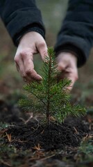 Hands gently planting a small pine tree sapling in dark soil.