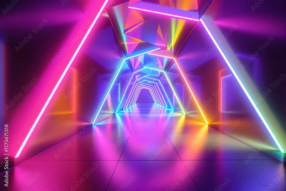 Poster Futuristic neon-lit tunnel with vibrant geometric patterns on a reflective floor.