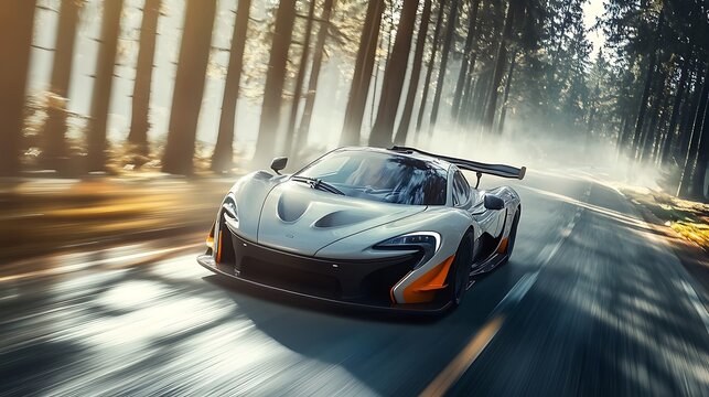 Sport car moving fast on highway road in the middle of forest