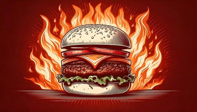 BBQ event poster featuring a flaming burger icon in a monochrome style for summer gatherings. Generative AI