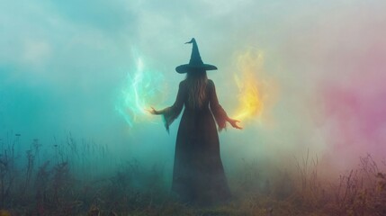 Fototapeta premium A mysterious figure in a flowing gown holds glowing energies in each hand. The atmosphere is surreal with fog. Magic comes alive in this enchanting scene. Generative AI